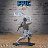 Fire giant warrior seen from behind, broad armoured back and spiked pauldrons visible, greataxe raised high with flame-sculpted blade extending above the head. Sculpt by Epic Miniatures.
