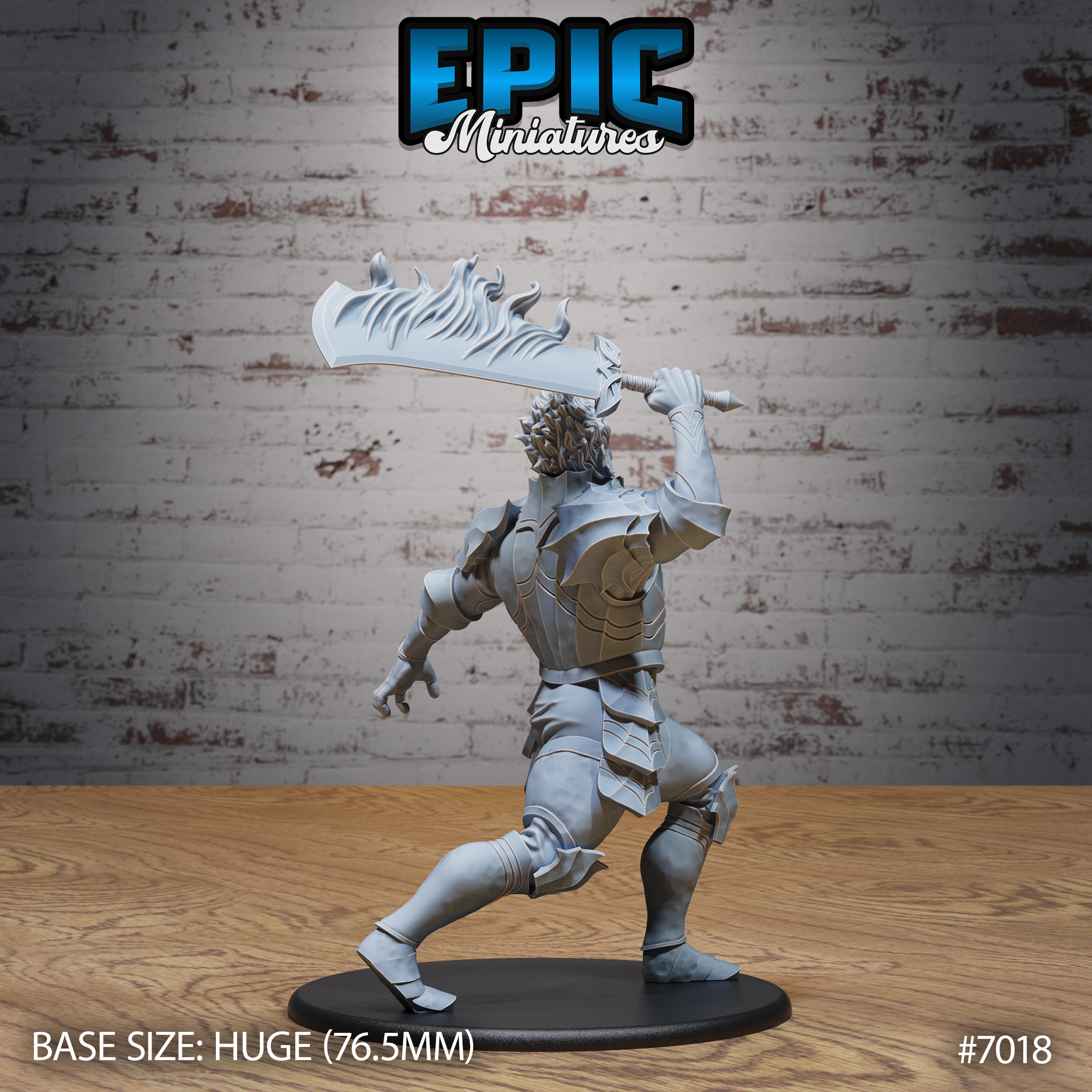 Fire giant warrior seen from behind, broad armoured back and spiked pauldrons visible, greataxe raised high with flame-sculpted blade extending above the head. Sculpt by Epic Miniatures.