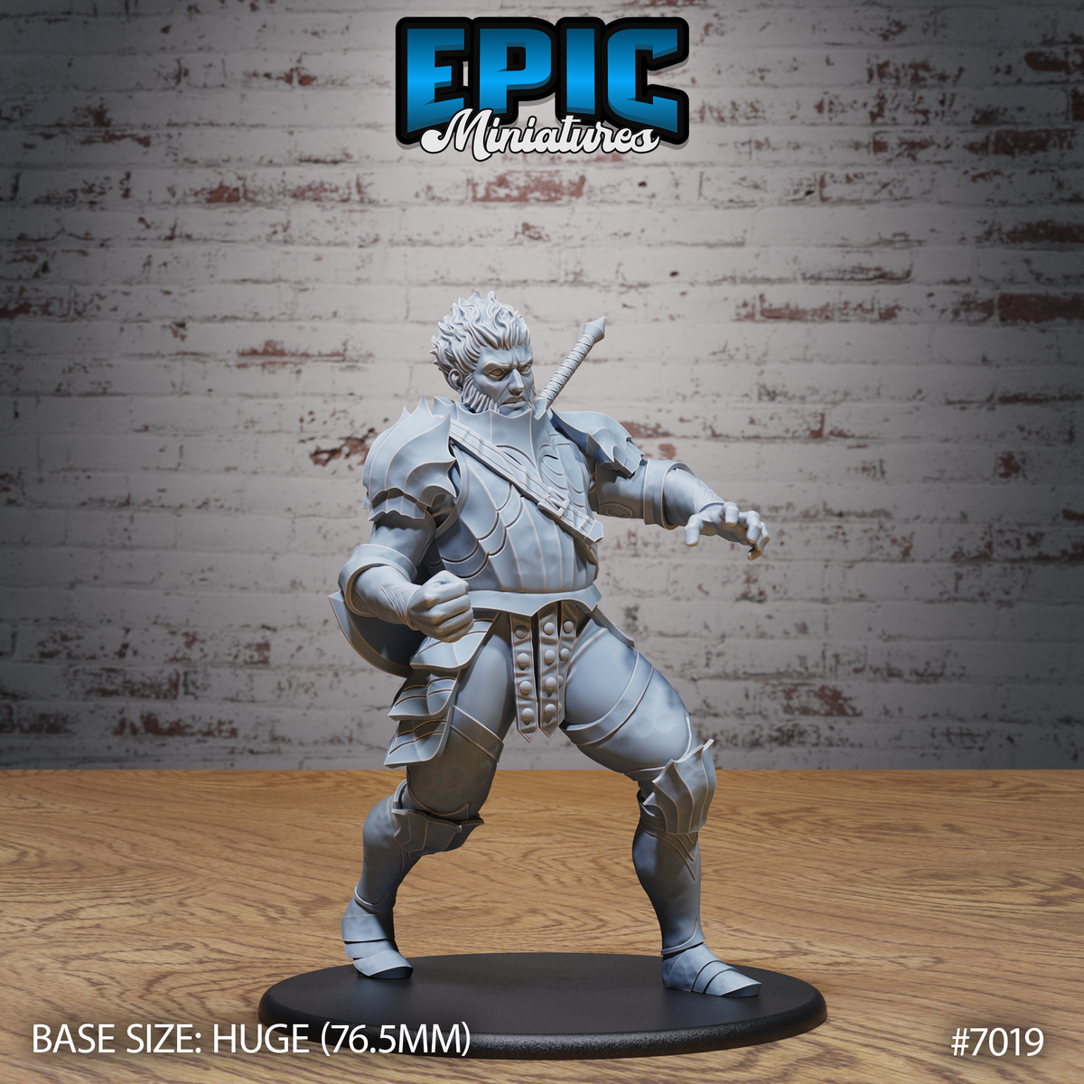 Heavily armoured fire giant warrior crouched in a fighting stance, both fists raised and knees bent, with a long sword sheathed across his back. Layered plate armour covers the shoulders, chest and legs. Sculpt by Epic Miniatures.