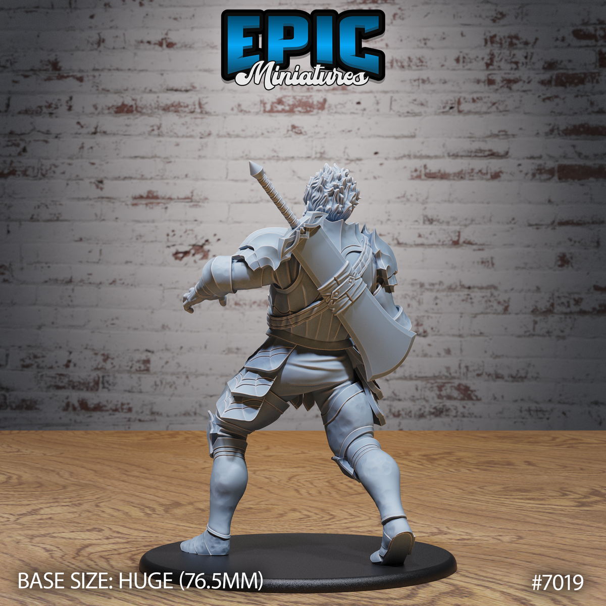 Fire giant warrior viewed from behind, showing a broad shield strapped to his lower back alongside a sheathed long sword, wild upswept hair, and angular layered plate armour across the back and legs. Sculpt by Epic Miniatures.