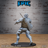 Fire giant warrior viewed from behind, showing a broad shield strapped to his lower back alongside a sheathed long sword, wild upswept hair, and angular layered plate armour across the back and legs. Sculpt by Epic Miniatures.