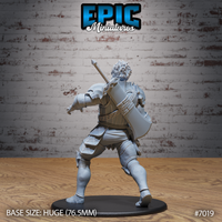 Fire giant warrior viewed from behind, showing a broad shield strapped to his lower back alongside a sheathed long sword, wild upswept hair, and angular layered plate armour across the back and legs. Sculpt by Epic Miniatures.