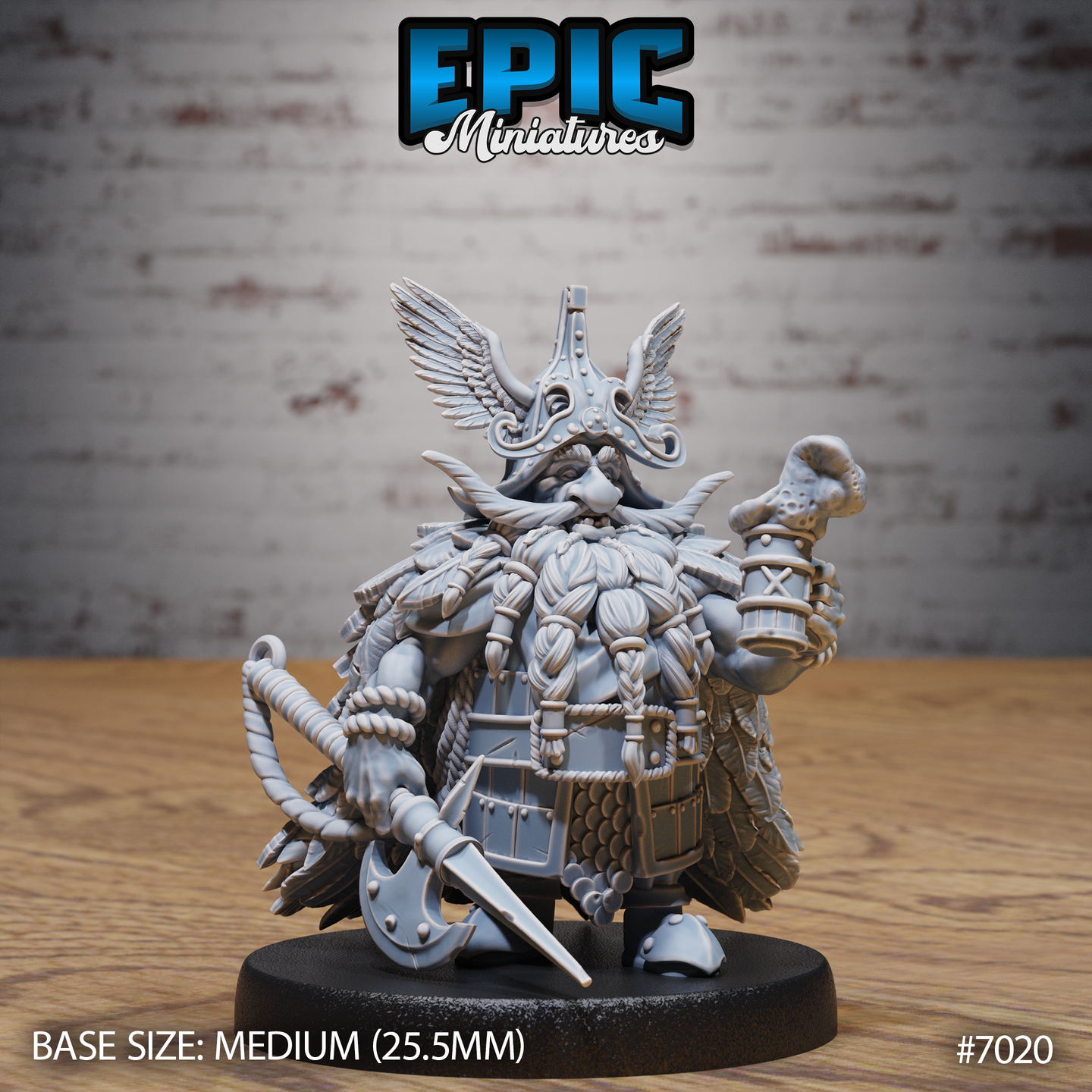 Stout dwarf chieftain gripping a bearded axe and raising a drinking horn, wearing a riveted winged helm and layered feathered cloak over banded armour with long braided beard. Sculpt by Epic Miniatures.