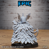 Rear of the dwarf chieftain showing an enormous feathered cloak of individually sculpted overlapping feathers falling to ankle length, with a small bird perched at the shoulder and a winged helm above. Sculpt by Epic Miniatures.