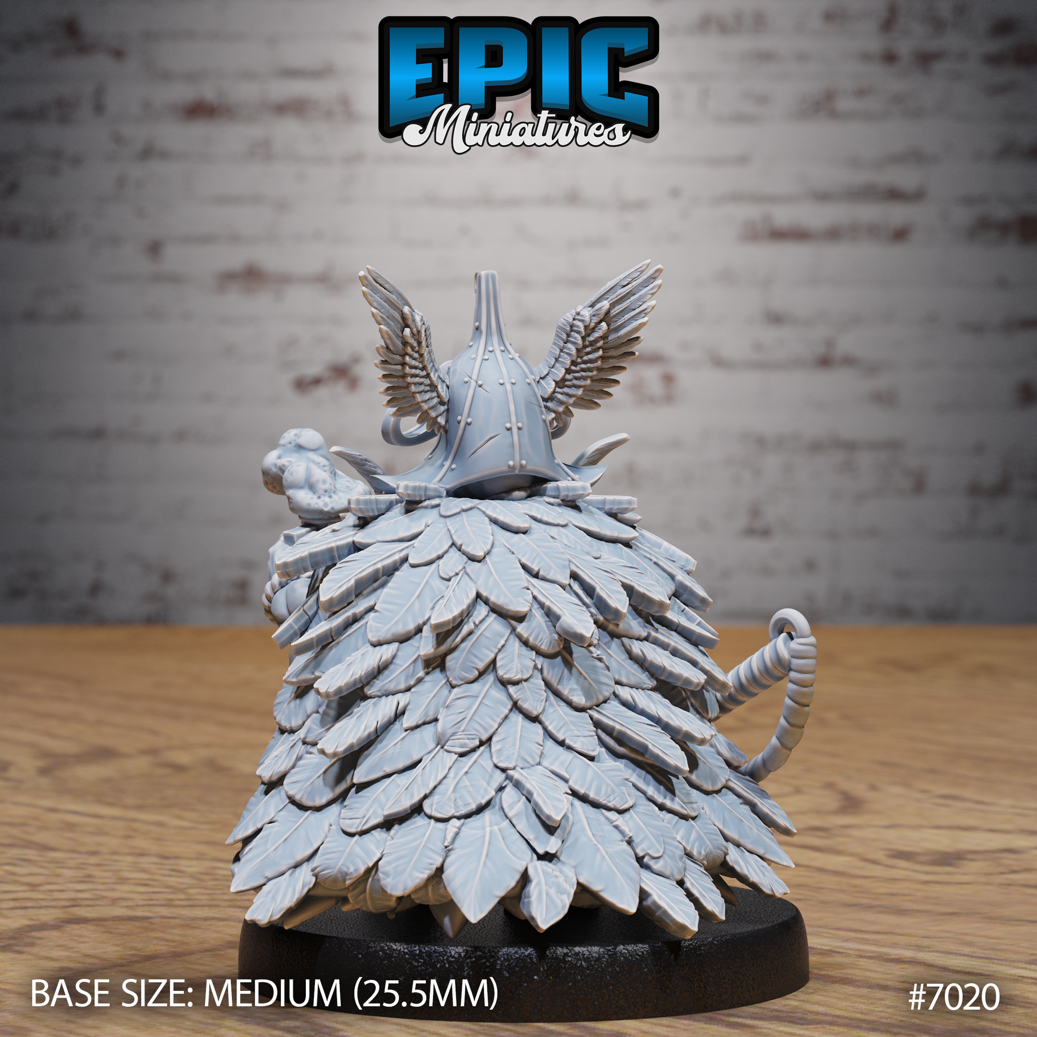 Rear of the dwarf chieftain showing an enormous feathered cloak of individually sculpted overlapping feathers falling to ankle length, with a small bird perched at the shoulder and a winged helm above. Sculpt by Epic Miniatures.