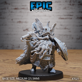 Stocky dwarf warlord hauling a bound war axe back over one shoulder, carrying a round shield, wearing a winged helm with riveted cheek guards, braided beard bound with cord, scaled breastplate and layered feather cloak. Sculpt by Epic Miniatures.