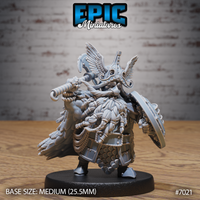 Stocky dwarf warlord hauling a bound war axe back over one shoulder, carrying a round shield, wearing a winged helm with riveted cheek guards, braided beard bound with cord, scaled breastplate and layered feather cloak. Sculpt by Epic Miniatures.