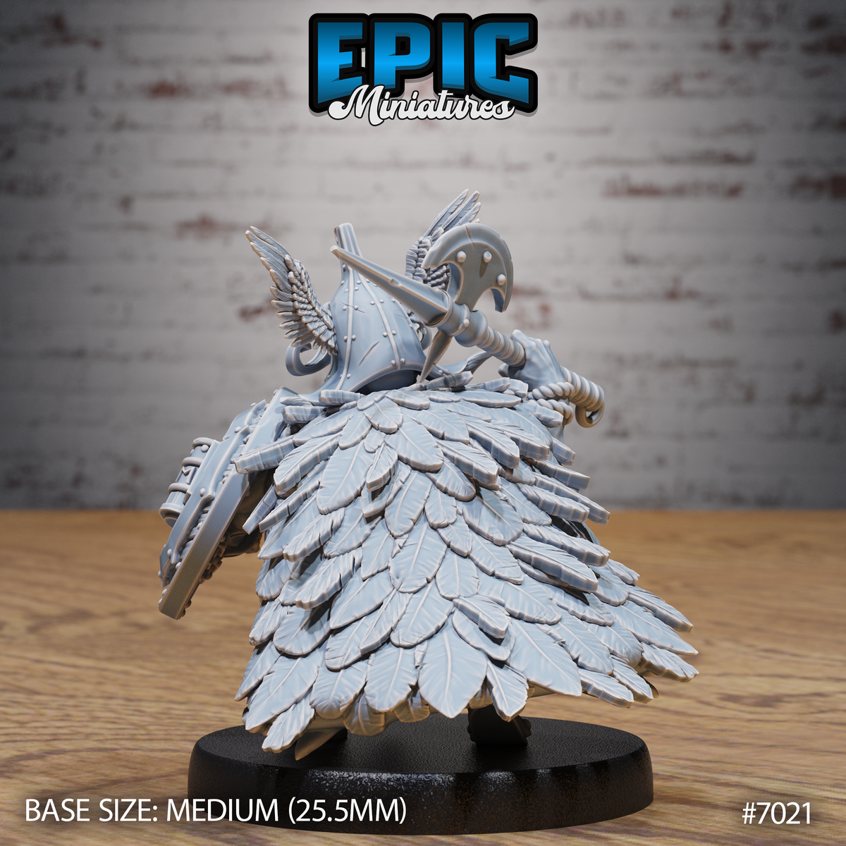 Dwarf warlord seen from behind, broad feathered cloak of individually sculpted quilled feathers cascading from the shoulders, winged helm visible above, round shield and the haft of a war axe extending to each side. Sculpt by Epic Miniatures.