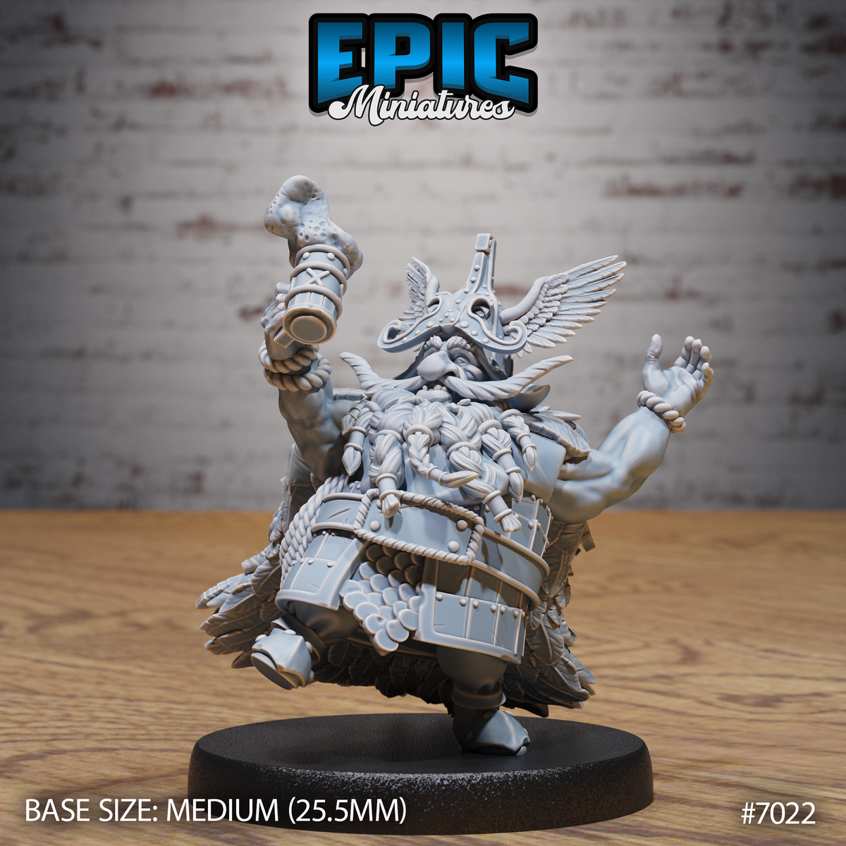 Stocky dwarf chieftain raising a frothy tankard aloft with one hand and gesturing wide with the other, wearing a winged riveted helmet, layered featherwork coat, braided beard, and studded chest armour lashed with rope. Sculpt by Epic Miniatures.