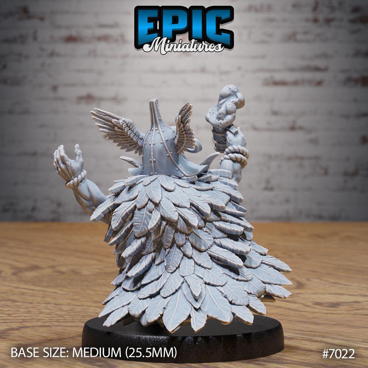 Dwarf chieftain viewed from behind, revealing an elaborate cascade of individually sculpted large feathers covering his back and coat, with a winged helmet rising above. One arm raised holding a tankard, the other extended outward. Sculpt by Epic Miniatures.