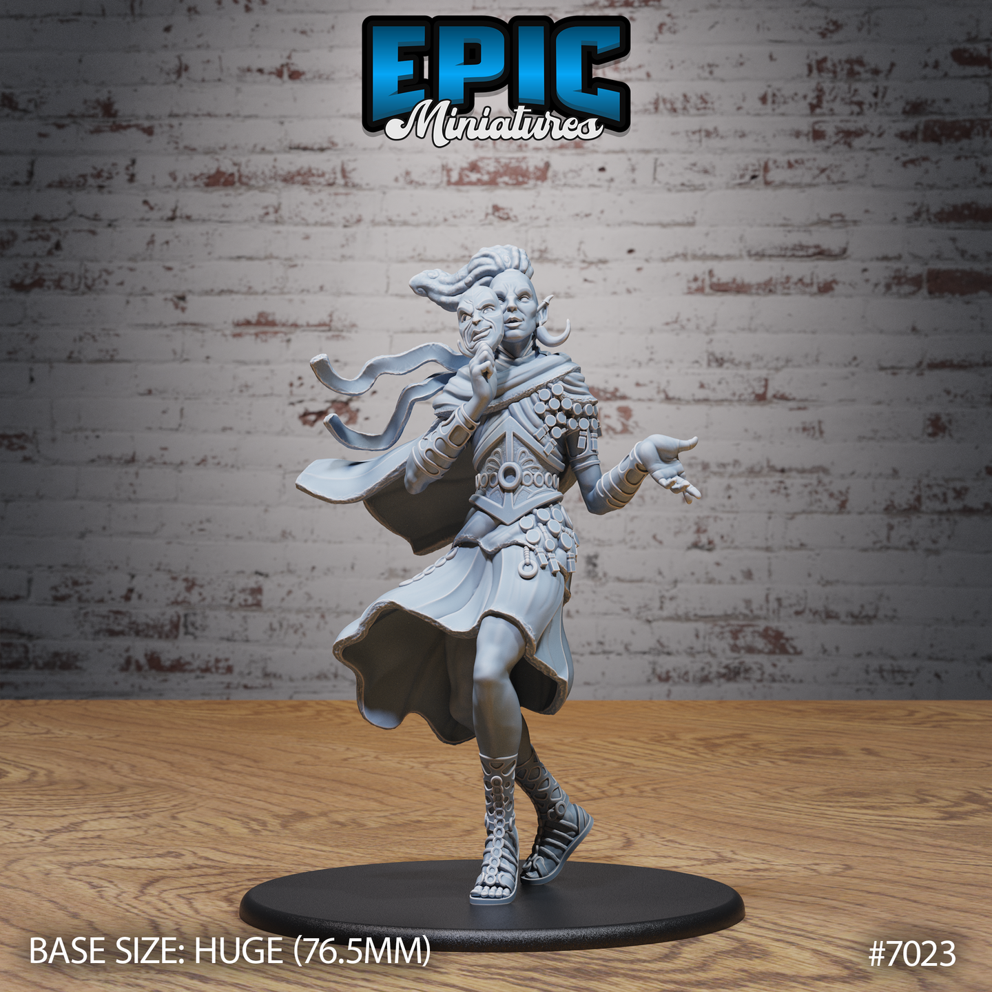 Cloud Giant Smiling One by Epic Miniatures — tall, slender giant figure mid-stride, robes and cape billowing, coin-studded shoulder armour, one hand raised, wearing gladiator boots, sharp smiling expression with small horns and pointed ears.