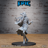 Cloud Giant Smiling One by Epic Miniatures — tall, slender giant figure mid-stride, robes and cape billowing, coin-studded shoulder armour, one hand raised, wearing gladiator boots, sharp smiling expression with small horns and pointed ears.