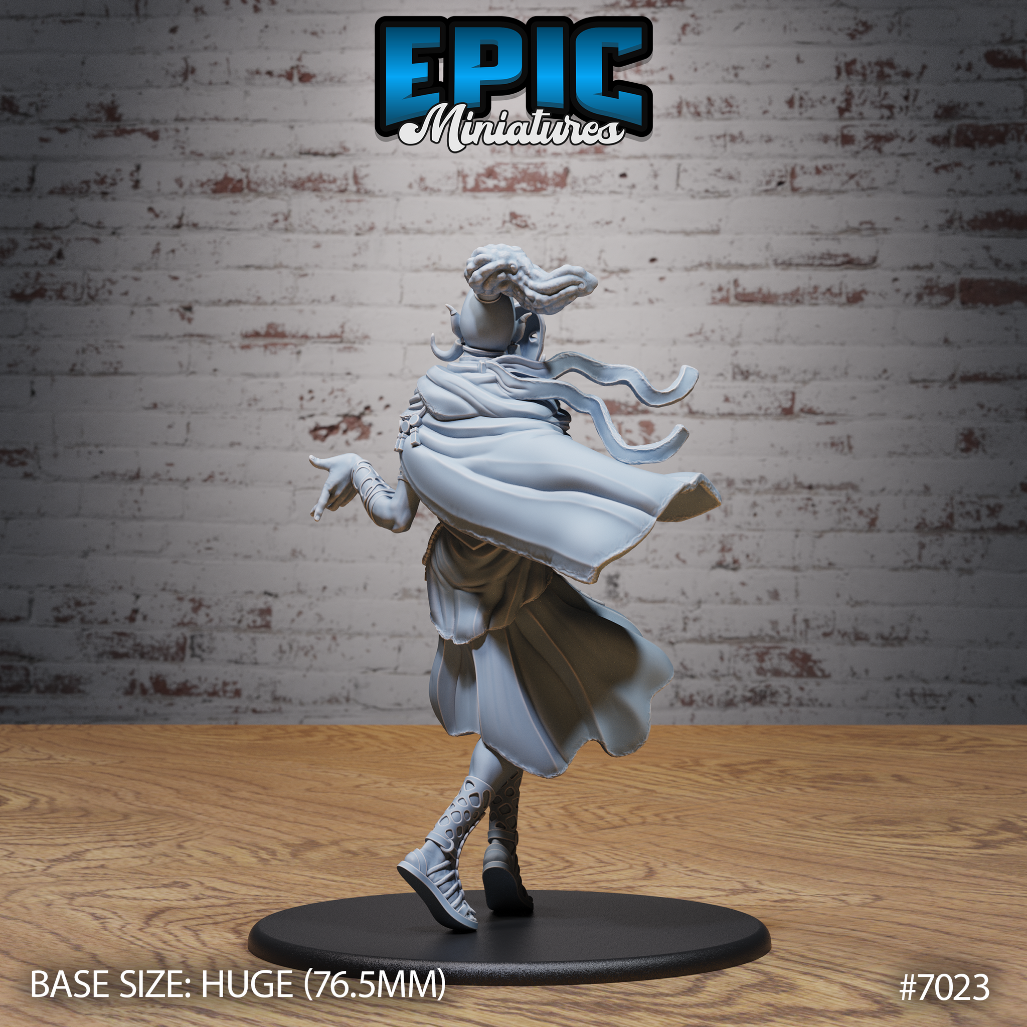 Cloud Giant Smiling One by Epic Miniatures — rear view showing sweeping cape and flowing ribbon detail, elaborate upswept hair, layered tunic skirt, studded pauldron, and gladiator boot strapping, posed on a large circular base.