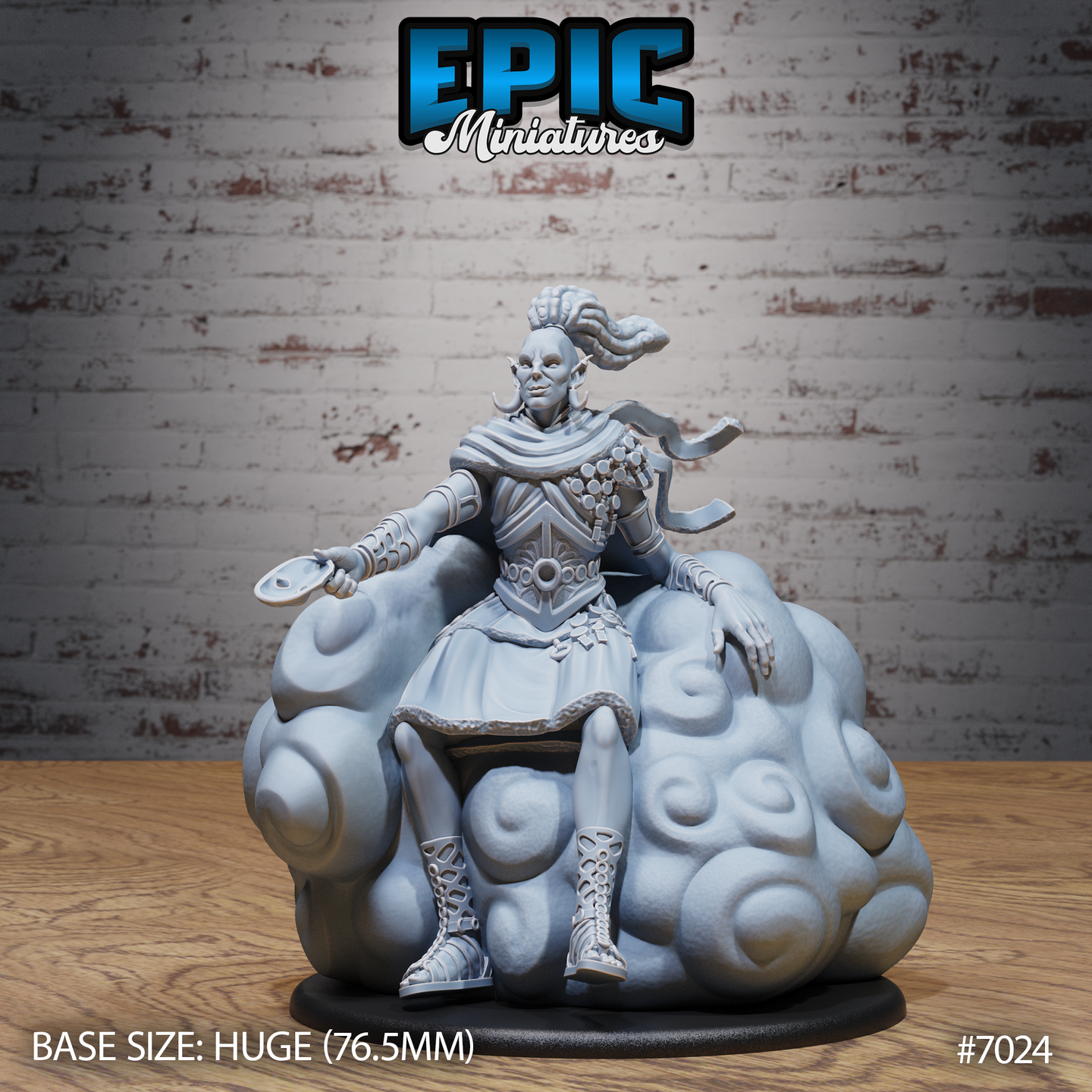 Cloud Giant Smiling One seated on a large sculpted cloud formation, one arm draped to the side, holding a small hand mirror aloft. Armoured breastplate with sunburst motif, pleated skirt, laced sandals, high-swept hair. Sculpt by Epic Miniatures.