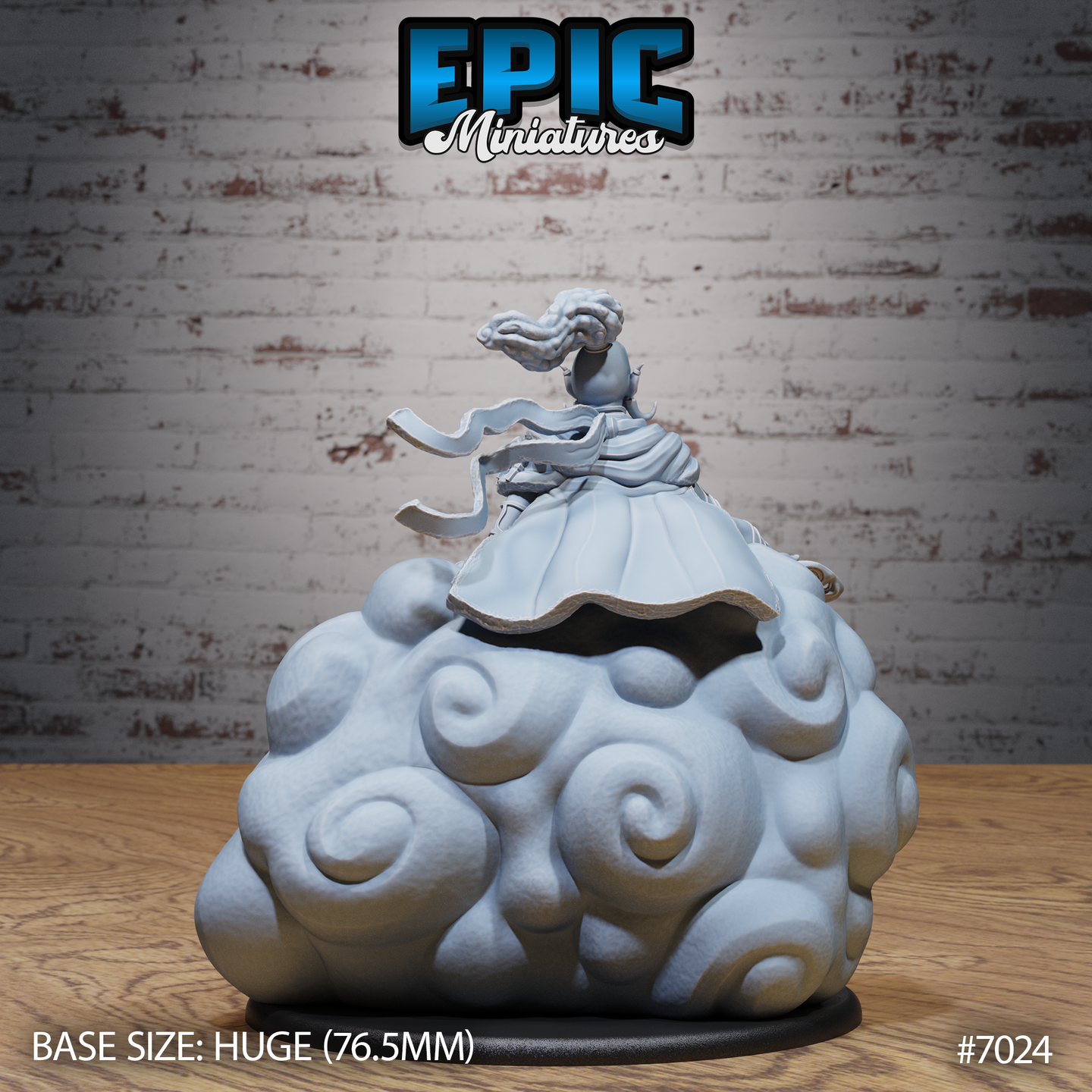 Cloud Giant Smiling One viewed from behind, showing the hollow interior of the sculpted cloud throne base — a cavity of swirling cloud forms open beneath the figure. Trailing ribbon detail visible from the figure's swept hair. Sculpt by Epic Miniatures.