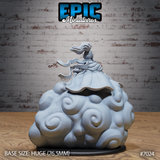 Cloud Giant Smiling One viewed from behind, showing the hollow interior of the sculpted cloud throne base — a cavity of swirling cloud forms open beneath the figure. Trailing ribbon detail visible from the figure's swept hair. Sculpt by Epic Miniatures.