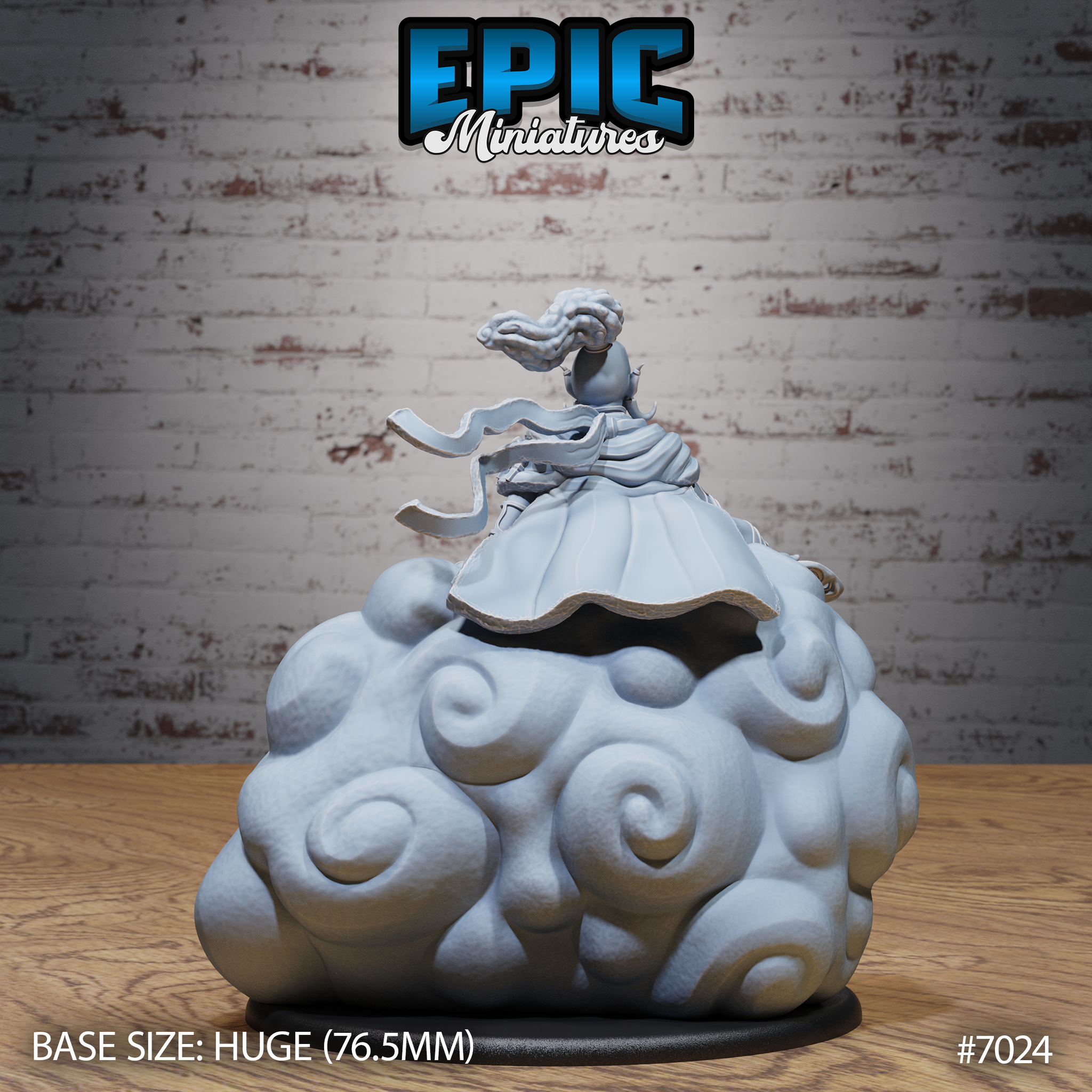 Cloud Giant Smiling One viewed from behind, showing the hollow interior of the sculpted cloud throne base — a cavity of swirling cloud forms open beneath the figure. Trailing ribbon detail visible from the figure's swept hair. Sculpt by Epic Miniatures.