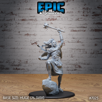 Female cloud giant lunging forward with a spiked morningstar raised overhead, wearing a coin-studded belt and flowing robes, one foot planted on a boulder base. Sculpt by Epic Miniatures.
