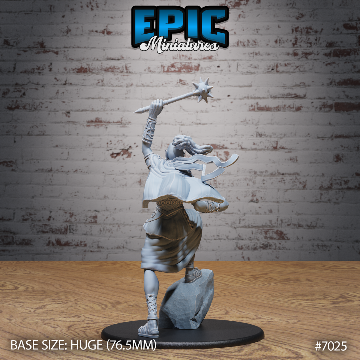 Female cloud giant seen from behind, morningstar aloft, dreadlocked hair and layered robes flowing outward, cross-laced sandals visible, standing on a rocky sculpted boulder base. Sculpt by Epic Miniatures.