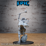 Female cloud giant seen from behind, morningstar aloft, dreadlocked hair and layered robes flowing outward, cross-laced sandals visible, standing on a rocky sculpted boulder base. Sculpt by Epic Miniatures.