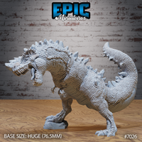 Crystal Rex by Epic Miniatures — massive theropod beast lunging forward with jaws wide open, rows of sharp teeth exposed, crystal spines erupting along its back, dense cobblestone scales covering the body, forelimb raised mid-stride, on a rocky scenic base.