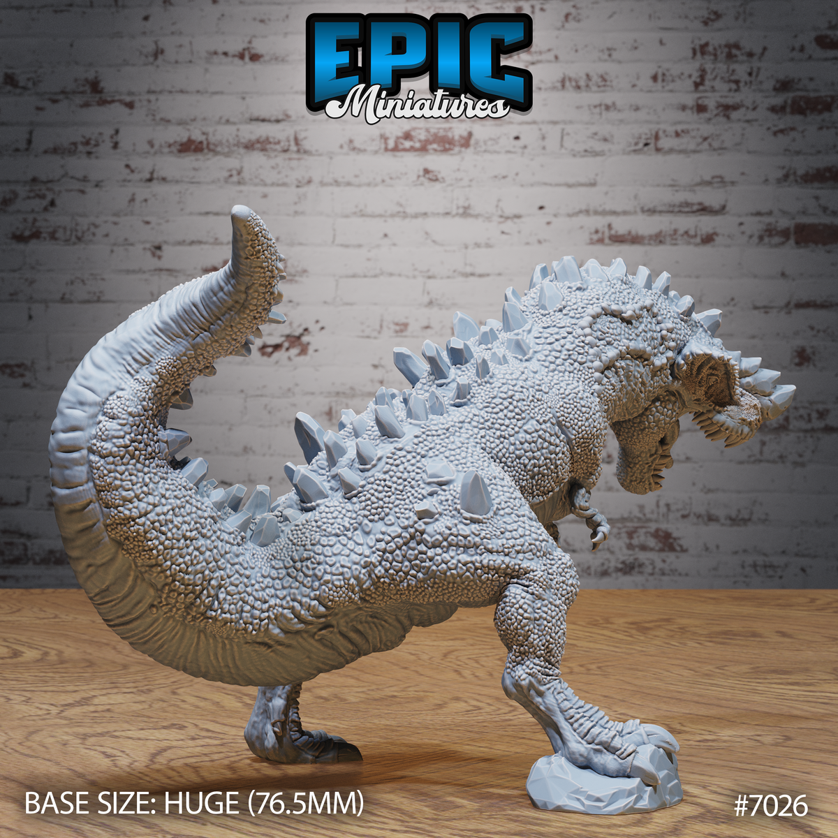 Crystal Rex by Epic Miniatures — rearing back with tail raised high and jaws stretched open, showing sharp teeth and a textured tongue, large crystal formations along the spine, clawed feet gripping a rocky base, heavy cobblestone-textured hide across the flanks.