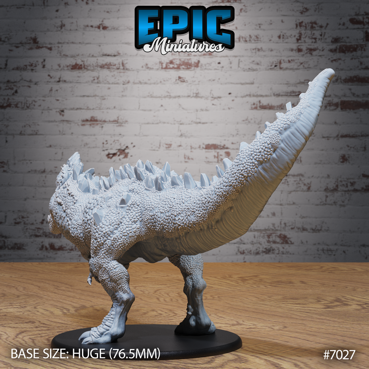 Crystal Rex by Epic Miniatures — rear view showing the muscular upswept tail, dense pebbled scale texture across the haunches and back, and rows of jagged crystal growths running the full length of the spine.