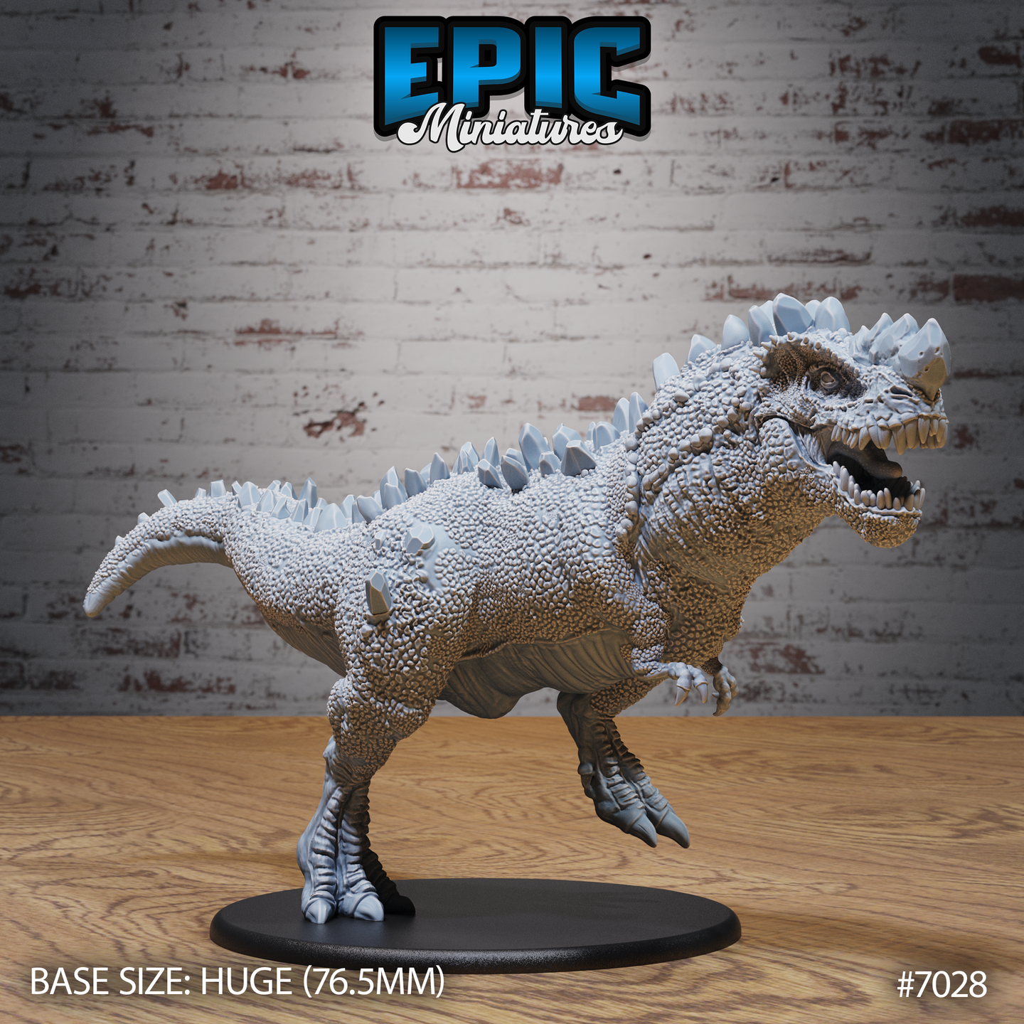 Ferocious tyrannosaur with rows of jagged crystal spines along its back and neck, mouth open wide mid-charge, heavily textured scales across the body, mounted on a large oval base. Sculpt by Epic Miniatures.
