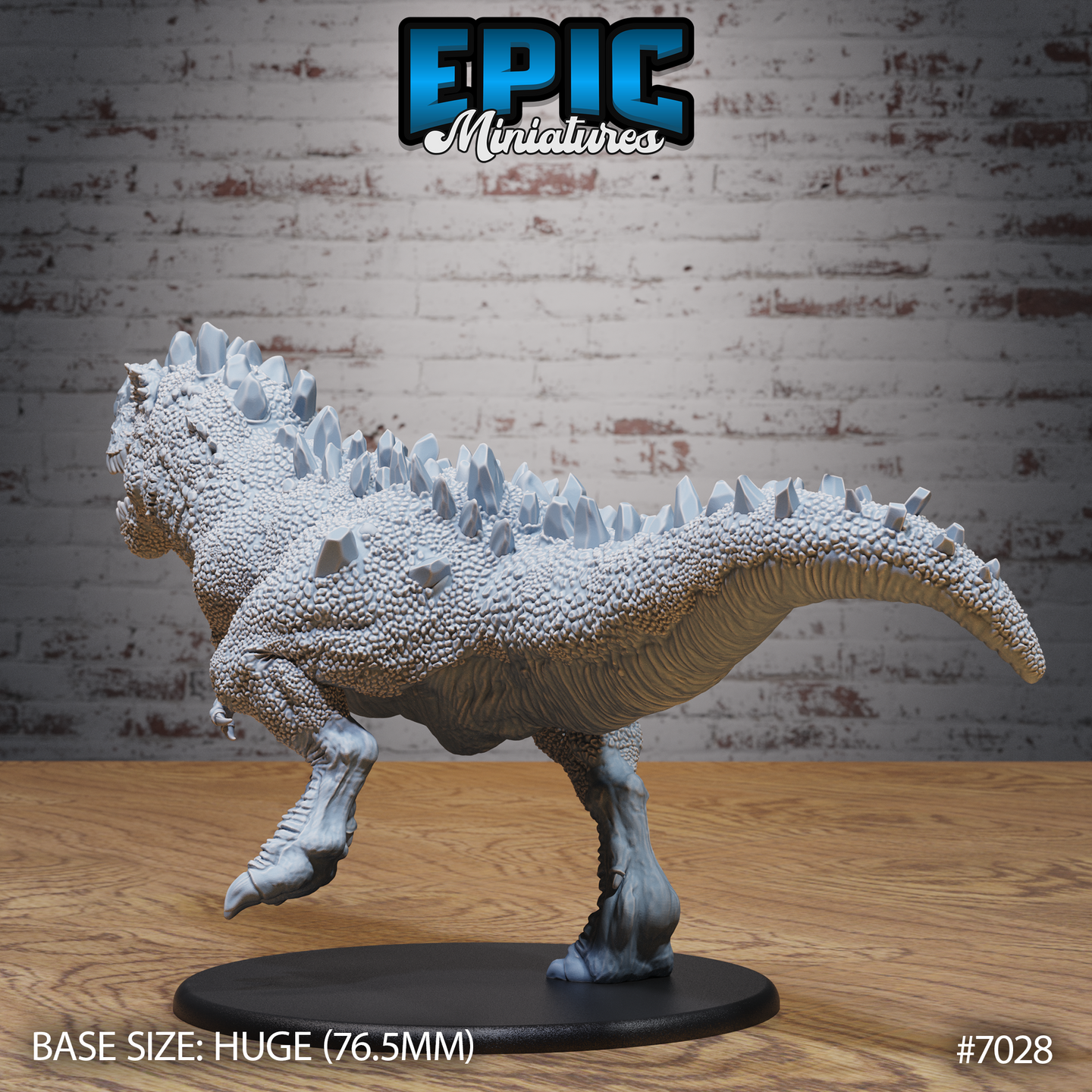 Tyrannosaur viewed from the side showing the full ridge of sharp crystal growths running from neck to tail, powerful hind legs mid-stride, thick muscular tail and deeply scaled flanks. Sculpt by Epic Miniatures.