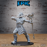 Massive muscular stone giant pulling a large ornate bow taut, wearing geometric rune-etched armour plates across shoulders, torso and greaves, with a torn chainmail skirt. Sculpt by Epic Miniatures.