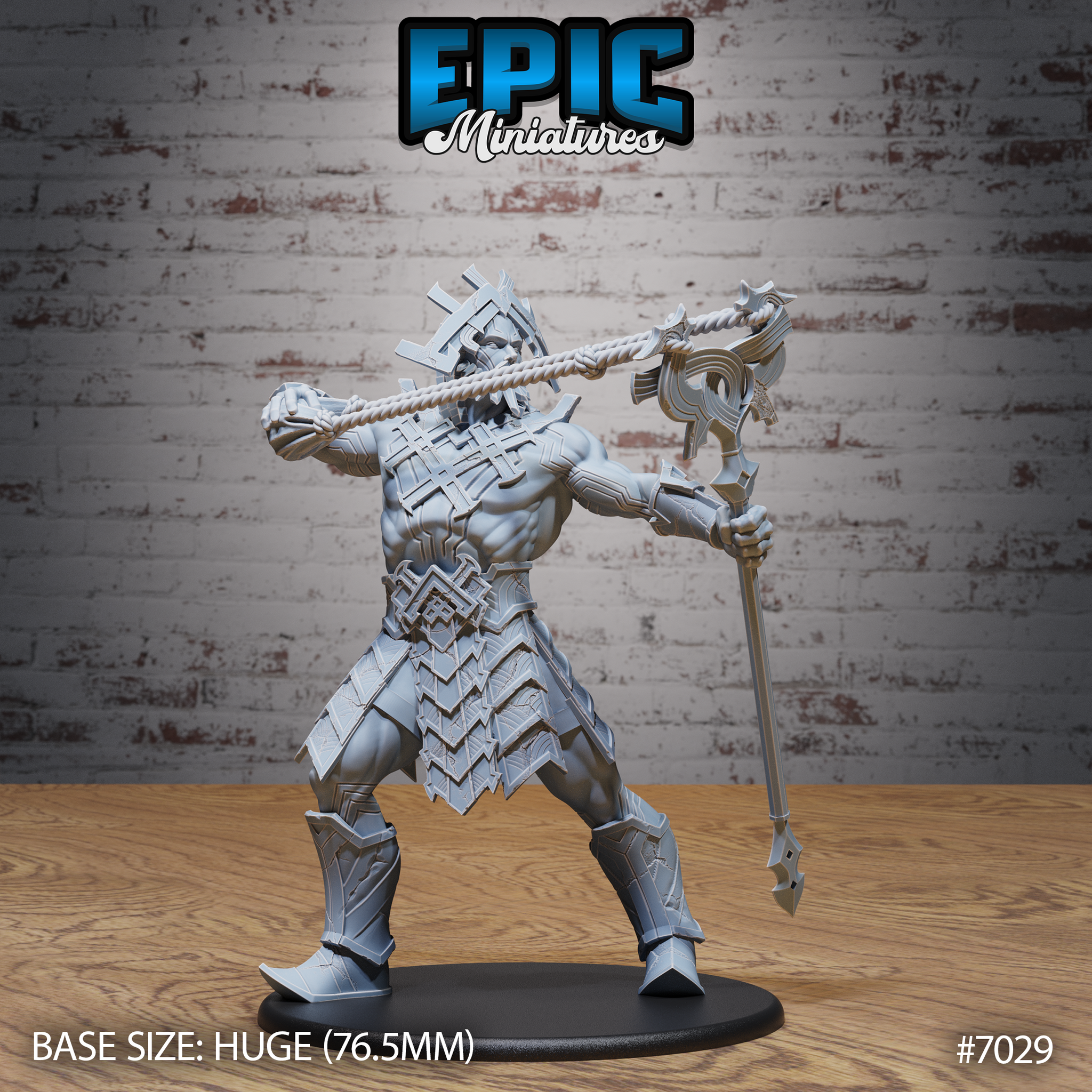Massive muscular stone giant pulling a large ornate bow taut, wearing geometric rune-etched armour plates across shoulders, torso and greaves, with a torn chainmail skirt. Sculpt by Epic Miniatures.