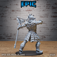 Stone giant from behind, broad armoured back with latticed plating visible, drawing a thick rope-twisted arrow on an ornate bow, heavily armoured legs braced wide. Sculpt by Epic Miniatures.