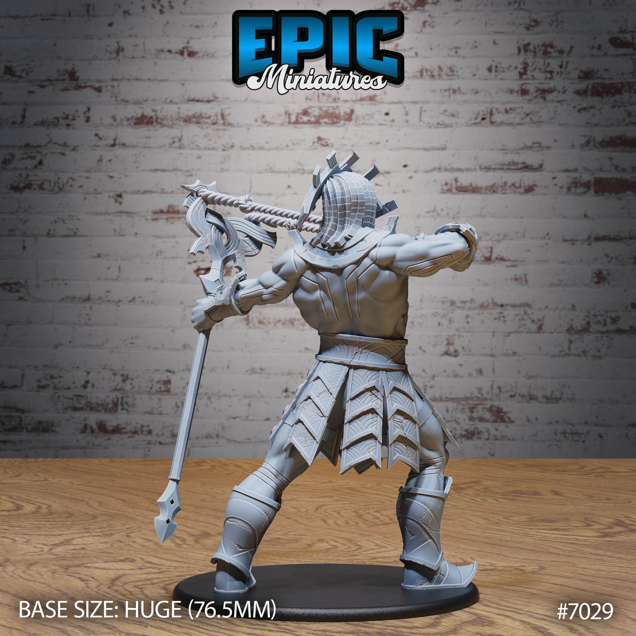 Stone giant from behind, broad armoured back with latticed plating visible, drawing a thick rope-twisted arrow on an ornate bow, heavily armoured legs braced wide. Sculpt by Epic Miniatures.