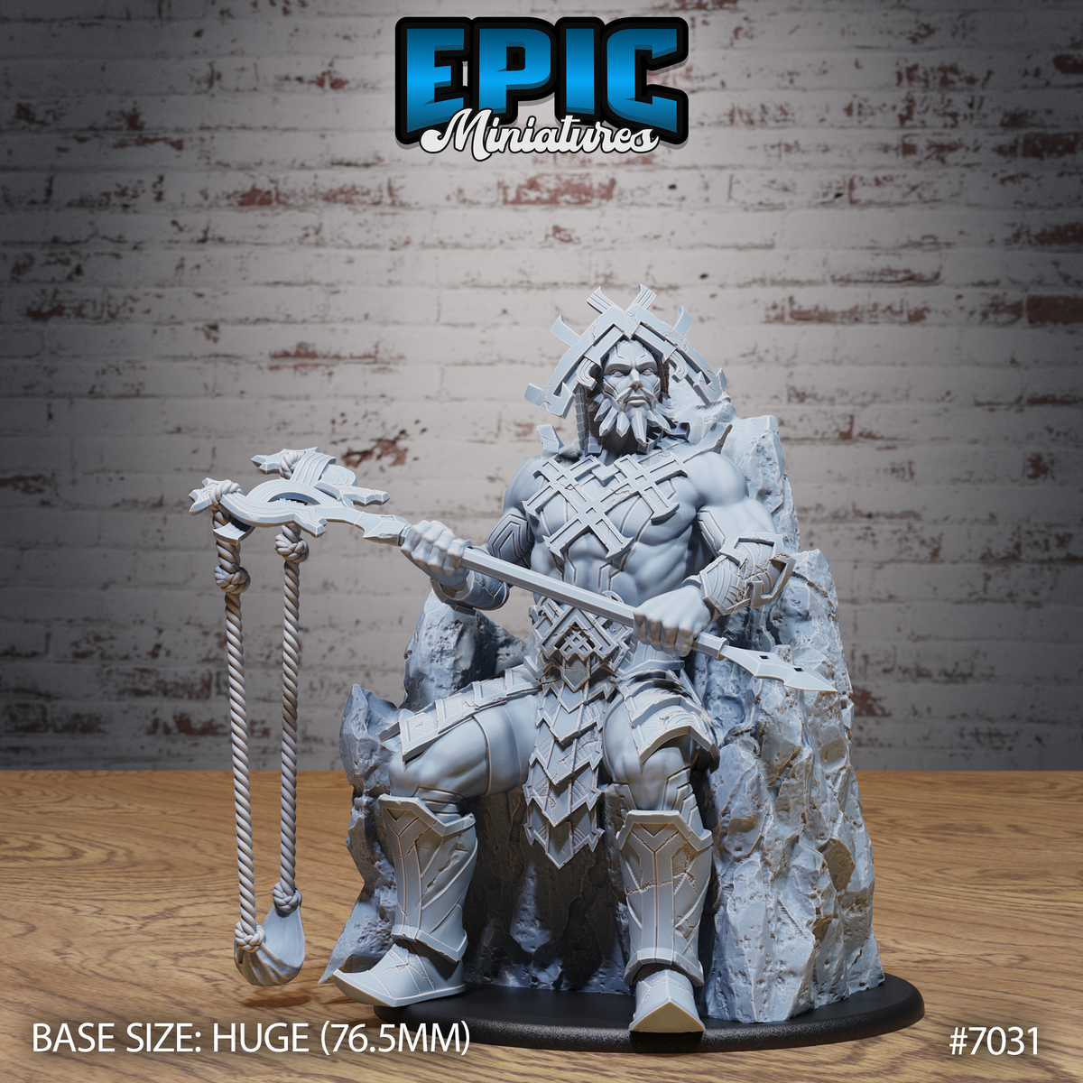 Muscular stone giant seated on a jagged rock throne, holding an ornate angular staff across his lap and a braided rope flail in his other hand, wearing geometric plate armour and a crossed-spar crown. Sculpt by Epic Miniatures.