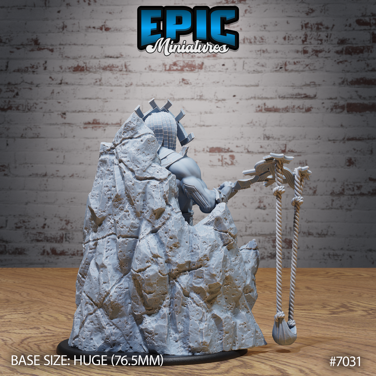 Stone giant in geometric plate armour and crossed-spar crown viewed from behind, seated on a detailed rough-hewn rock formation base, braided rope flail hanging at his side with a heavy knotted end. Sculpt by Epic Miniatures.