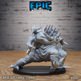 Massive bloated creature crouching low with one leg braced wide, bristling dorsal spines along its back, curved horns on a broad head, and multiple clawed limbs reaching forward. Sculpt by Epic Miniatures.