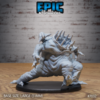 Massive bloated creature crouching low with one leg braced wide, bristling dorsal spines along its back, curved horns on a broad head, and multiple clawed limbs reaching forward. Sculpt by Epic Miniatures.