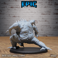 Hulking spiked beast in a wide-legged crouch showing its heavily wrinkled hide across the back and torso, thick clawed feet, and a row of spines rising from the shoulders. Sculpt by Epic Miniatures.