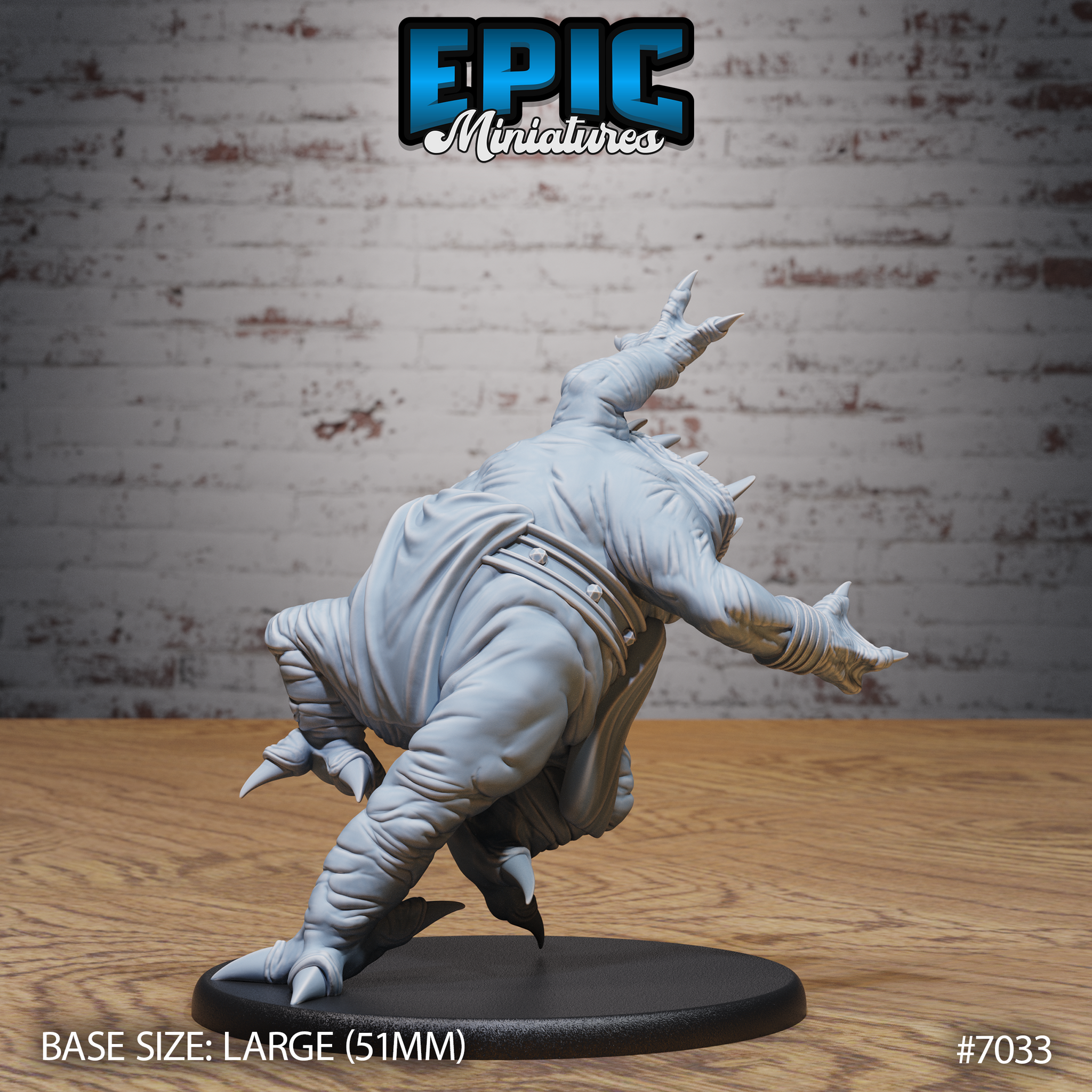 Broad-backed aberration caught in a charging crouch, spined ridge visible along the spine, thick clawed legs splayed wide, leathery skin with deep texture across the shoulders and haunches. Sculpt by Epic Miniatures.