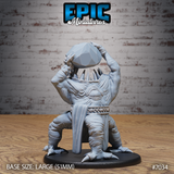 Broad, squat aberration creature clutching a large faceted gemstone raised overhead in both clawed hands, with a massive upward-facing fanged maw and bristling bone spines where a head would be. Sculpt by Epic Miniatures.