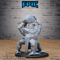 Broad, squat aberration creature clutching a large faceted gemstone raised overhead in both clawed hands, with a massive upward-facing fanged maw and bristling bone spines where a head would be. Sculpt by Epic Miniatures.