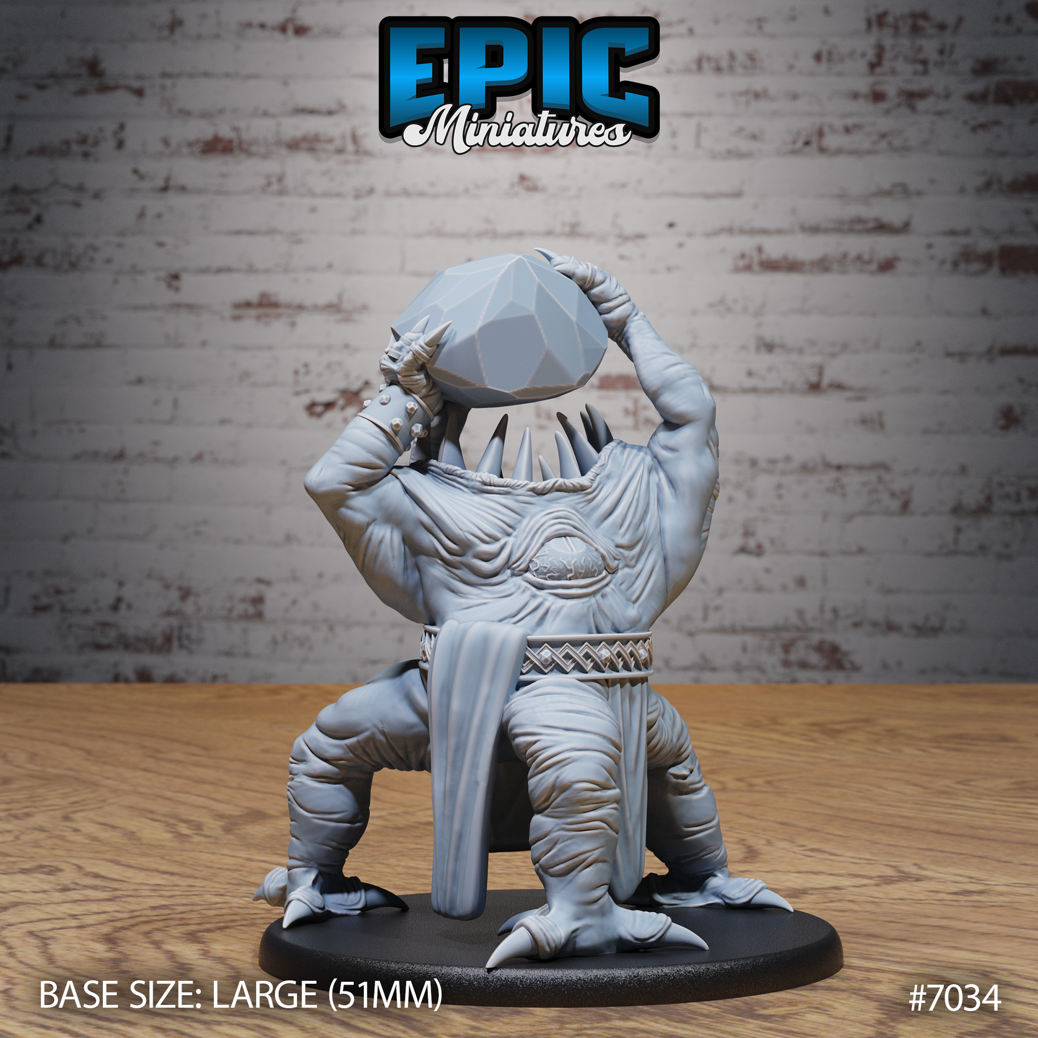 Broad, squat aberration creature clutching a large faceted gemstone raised overhead in both clawed hands, with a massive upward-facing fanged maw and bristling bone spines where a head would be. Sculpt by Epic Miniatures.