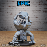 Aberration miniature with a crown of jagged bone spines and a single chest-mounted eye, arms raised holding a boulder-sized gem aloft, wearing a tattered cloth wrap and braided belt, wide-legged predatory stance. Sculpt by Epic Miniatures.