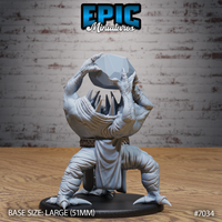 Aberration miniature with a crown of jagged bone spines and a single chest-mounted eye, arms raised holding a boulder-sized gem aloft, wearing a tattered cloth wrap and braided belt, wide-legged predatory stance. Sculpt by Epic Miniatures.
