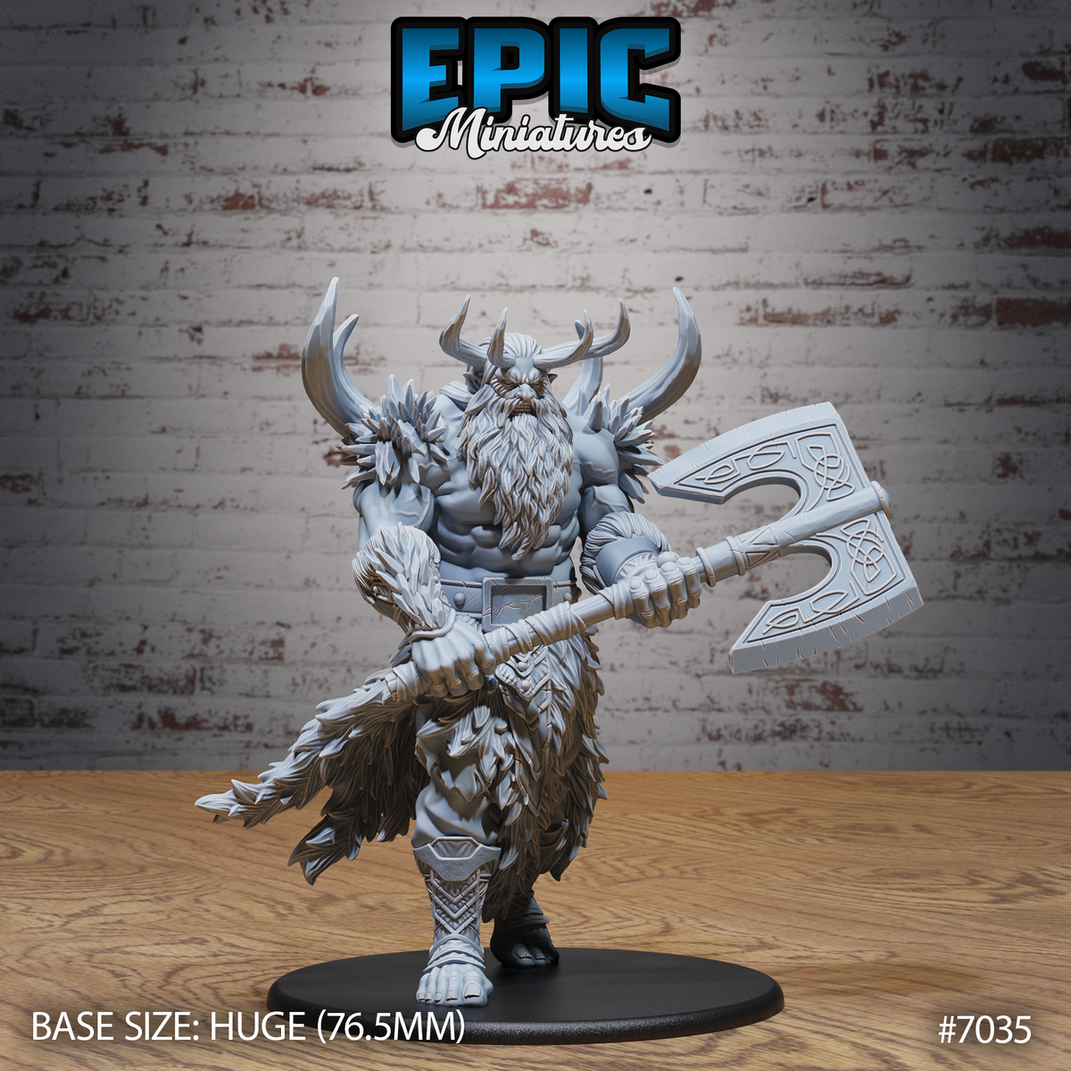 Frost Giant miniature by Epic Miniatures, striding forward gripping a double-headed Celtic knotwork axe at waist height, wearing layered fur pelts and a horned helm, with a thick wild beard, mounted on a huge 76.5mm base.