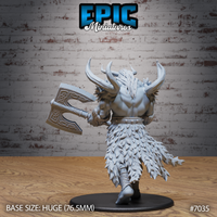 Frost Giant miniature by Epic Miniatures seen from behind, displaying the sweeping horns of the helm, layered feathered fur kilt, broad muscular back, and Celtic knotwork axe head held in one hand at the giant's side.
