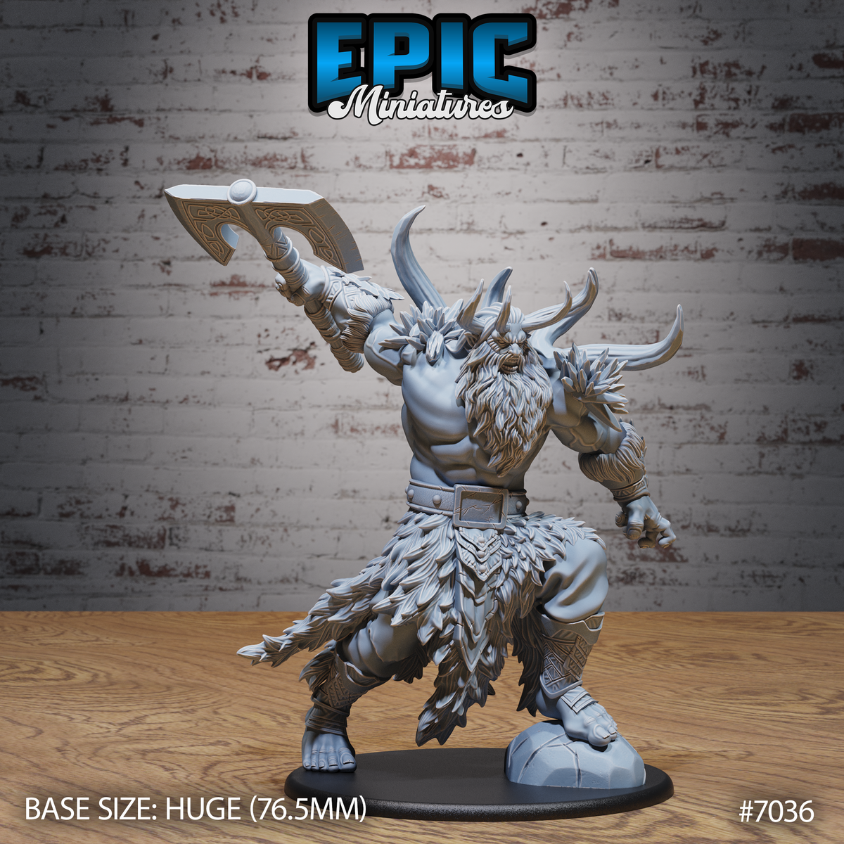 Massive horned frost giant raising a runic broad-bladed axe overhead, wearing layered fur skirt and studded belt, thick wild beard, standing on a rocky scenic base. Sculpt by Epic Miniatures.
