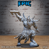 Massive horned frost giant raising a runic broad-bladed axe overhead, wearing layered fur skirt and studded belt, thick wild beard, standing on a rocky scenic base. Sculpt by Epic Miniatures.