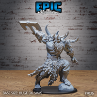 Massive horned frost giant raising a runic broad-bladed axe overhead, wearing layered fur skirt and studded belt, thick wild beard, standing on a rocky scenic base. Sculpt by Epic Miniatures.