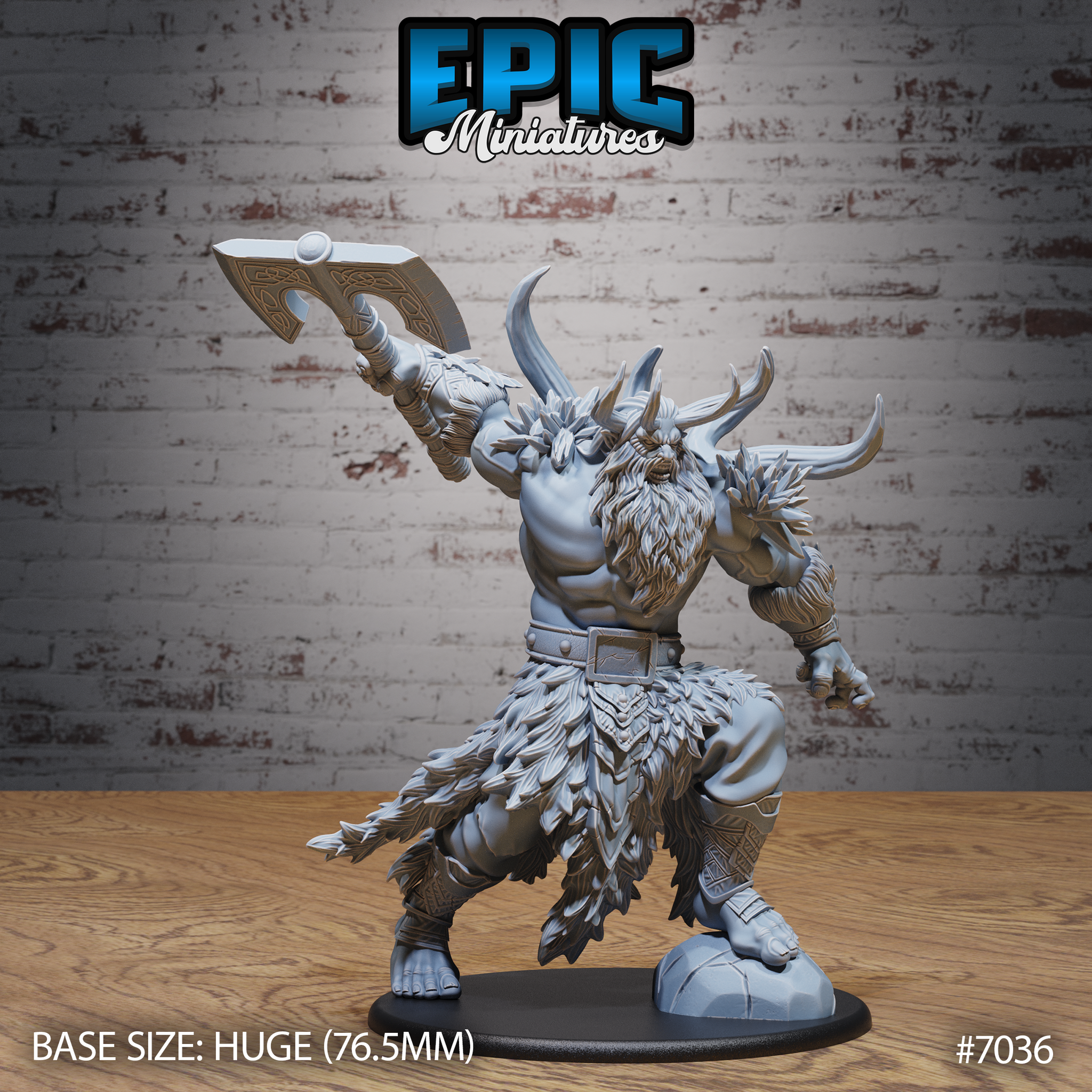 Massive horned frost giant raising a runic broad-bladed axe overhead, wearing layered fur skirt and studded belt, thick wild beard, standing on a rocky scenic base. Sculpt by Epic Miniatures.